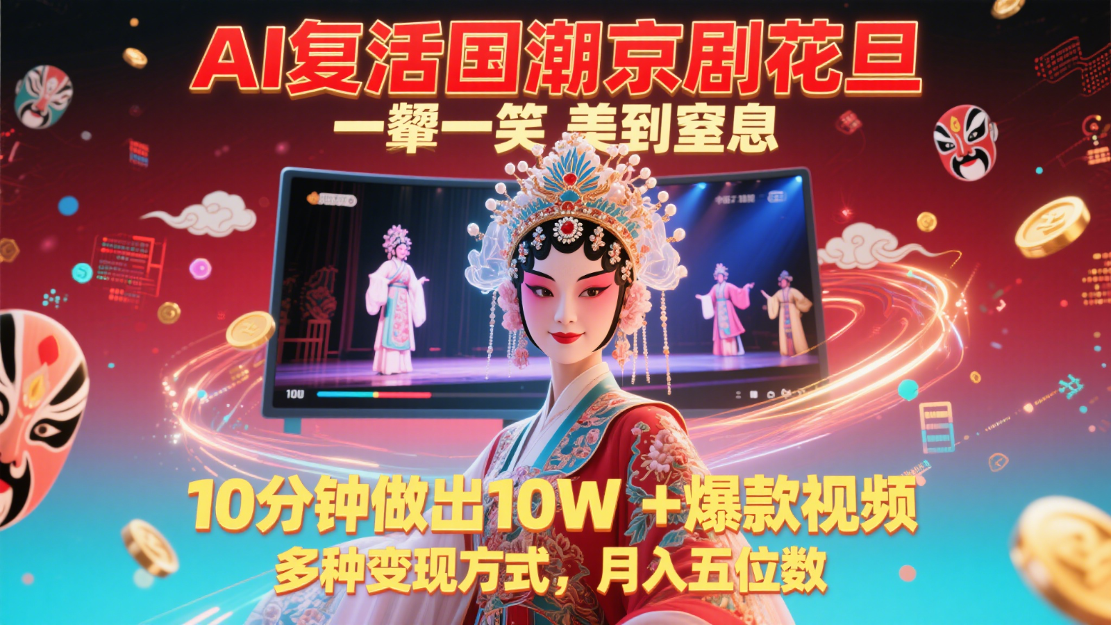AI复活国潮京剧花旦，一颦一笑美到窒息，10分钟做出10W+爆款视频，多种变现方式-聚林创库