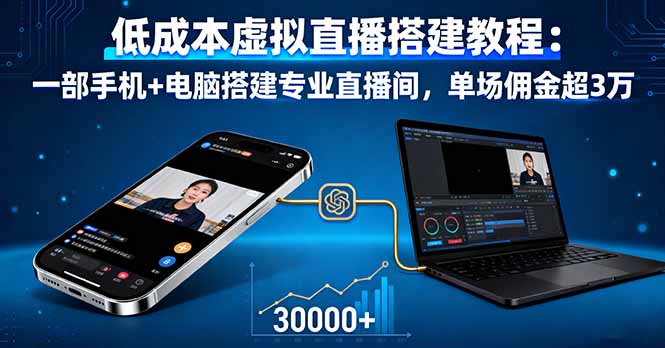 低成本虚拟直播搭建教程:一部手机+电脑搭建专业直播间,单场佣金超3万-聚林创库