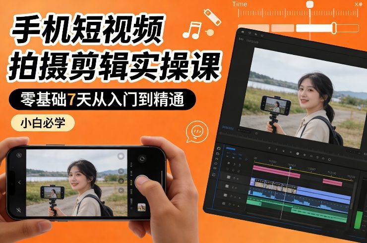 手机短视频拍摄剪辑实操课，零基础7天从入门到精通，小白必学-聚林创库