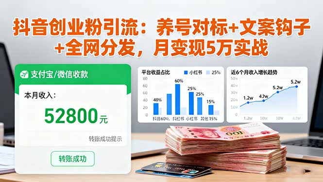 抖音创业粉引流:养号对标+文案钩子+全网分发,月变现5万实战-聚林创库