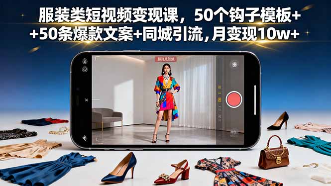 服装类短视频变现课，50个钩子模板+50条爆款文案+同城引流，月变现10w+-聚林创库