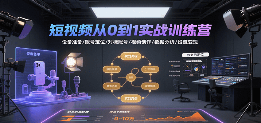 短视频从0到1实战训练营：设备准备/账号定位/对标账号/视频创作/数据分析/投流变现-聚林创库