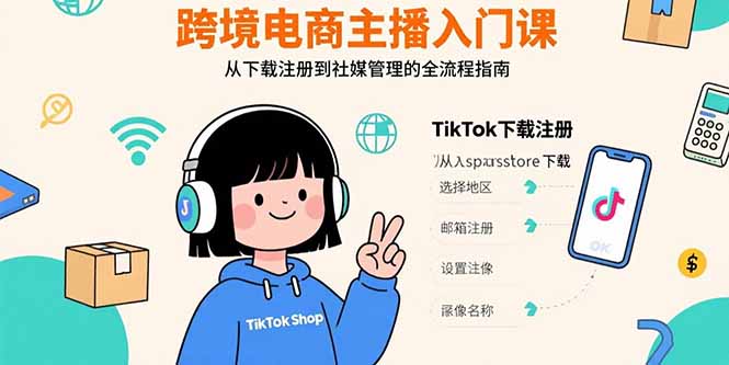 跨境电商主播入门课，TikTok下载注册，支付工具配置，社媒账号管理全流程-聚林创库